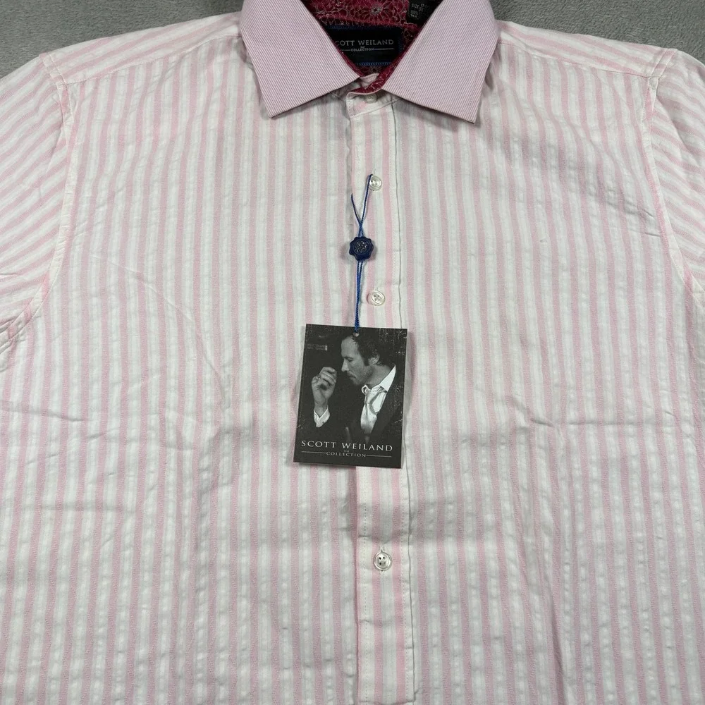 Scott Weiland Button Up Shirt Mens 17.5 Pink Striped Long Sleeve Seersucker NWT